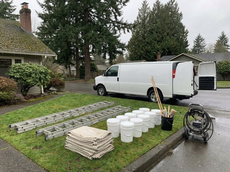 Painting crew ladders, drop cloths and buckets staged on a lawn on the first morning of an exterior repaint