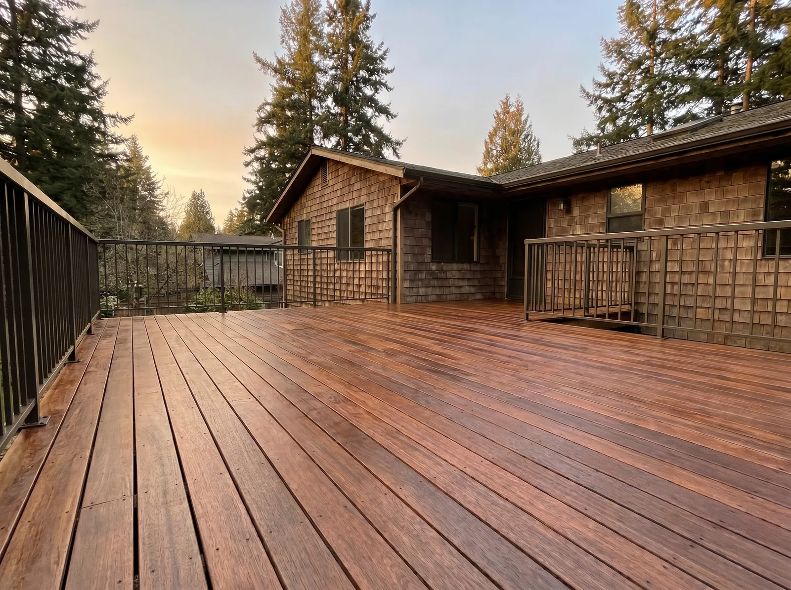 The same Ipe deck restored to rich brown after cleaning, brightening, and oiling