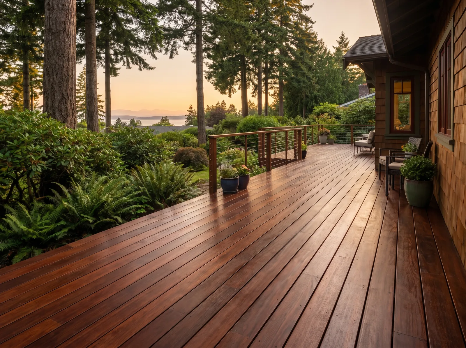 Freshly cleaned and oiled Ipe deck on a Bellingham home glowing reddish-brown at golden hour